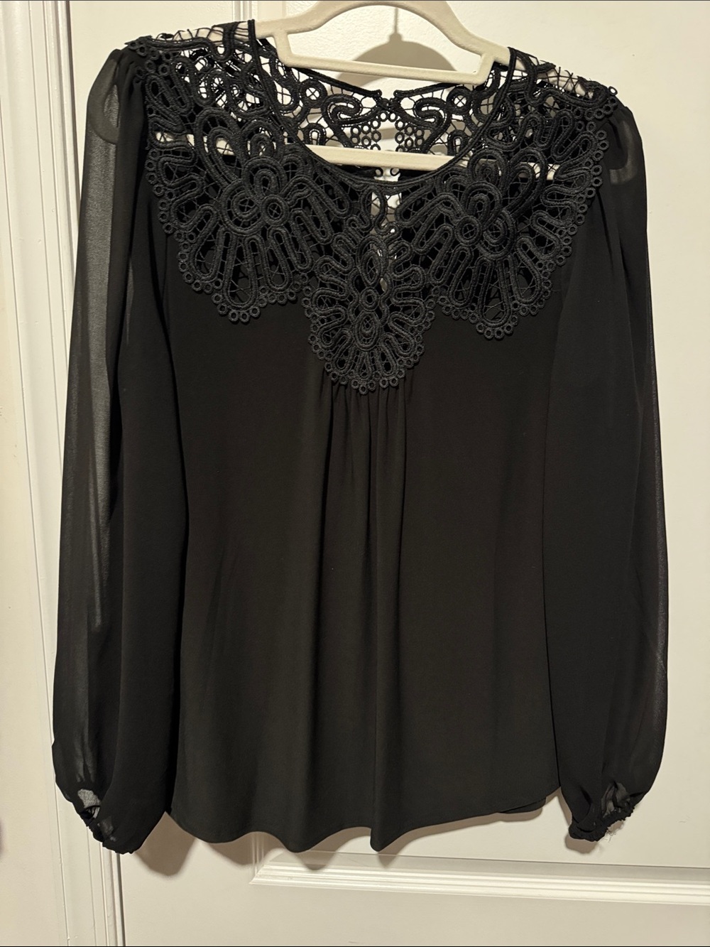 WHBM Black Lace Yoke Long-Sleeve Blouse, medium